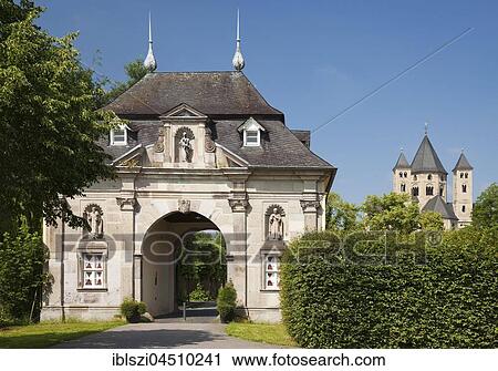 Gatehouse with monastery Basilica of St. Andrew, Monastery Knechtsteden, Dormagen, Lower Rhine, North Rhine-Westphalia, Germany, Europe View Large Photo Image Stock Image - Gatehouse with monastery Basilica of St. Andrew, Monastery Knechtsteden, Dormagen, Lower Rhine, North Rhine-Westphalia, Germany, Europe. Fotosearch