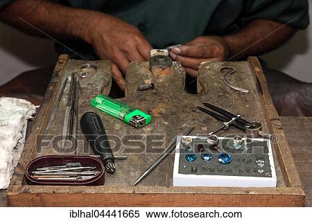 Stock Photography - Gemstone processing, workstation, Kandy, Central Province, Sri Lanka, Asia. Fotosearch