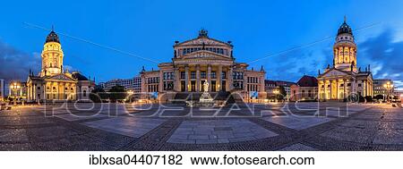 Stock Image - Gendarmenmarkt with playhouse, left German Cathedral, right French Cathedral, Dusk, Berlin, Germany, Europe. Fotosearch