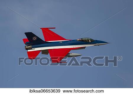 Stock Photo - General Dynamics F-16 Fighting Falcon aircraft in flight in Royal Norwegian air force markings, Cambridgeshire, England, United Kingdom, Europe. Fotosearch