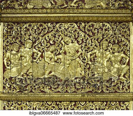 Gilded depictions from the Lao version of the Ramayana, Lao Pha Lak Pha Lam, House of the Royal Funeral Chariot, Wat Xieng Thong Temple, Luang Prabang, Laos, Asia View Large Photo Image Stock Photo - Gilded depictions from the Lao version of the Ramayana, Lao Pha Lak Pha Lam, House of the Royal Funeral Chariot, Wat Xieng Thong Temple, Luang Prabang, Laos, Asia. Fotosearch