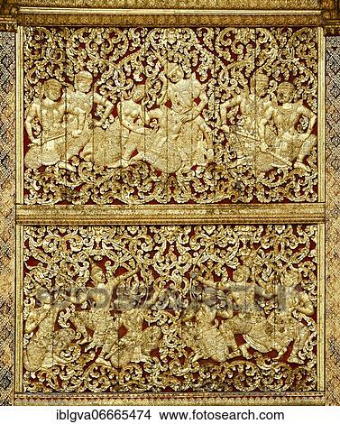 Gilt teak wall plaque with depictions from the Lao version of the Ramayana, Lao Pha Lak Pha Lam, House of the Royal Funeral Chariot, Wat Xieng Thong Temple, Luang Prabang, Laos, Asia View Large Photo Image Picture - Gilt teak wall plaque with depictions from the Lao version of the Ramayana, Lao Pha Lak Pha Lam, House of the Royal Funeral Chariot, Wat Xieng Thong Temple, Luang Prabang, Laos, Asia. Fotosearch