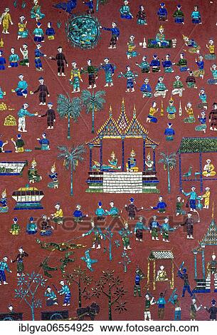 Glass mosaic with scenes from the parable of Siaosawat, with scenes from everyday rural life, outer wall of the Red Chapel, Wat Xieng Thong Temple, Luang Prabang, Laos, Asia View Large Photo Image Stock Photography - Glass mosaic with scenes from the parable of Siaosawat, with scenes from everyday rural life, outer wall of the Red Chapel, Wat Xieng Thong Temple, Luang Prabang, Laos, Asia. Fotosearch