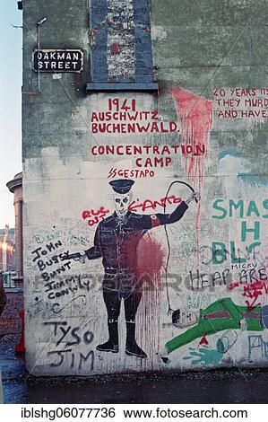 Stock Photograph - Graffiti, Oakman Street, Falls Road area, historical photograph, 24. 01. 1986, Belfast, Northern Ireland. Fotosearch