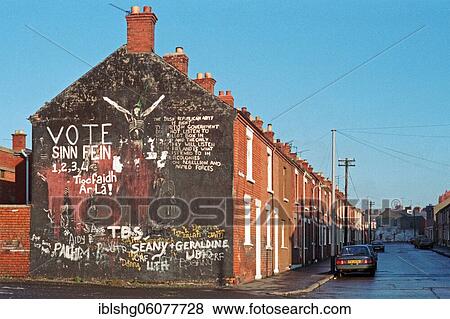 Stock Photo - Graffiti on a building facade, Oakman Street, Falls Road quarter, historic photograph, 24. 01. 1986, Belfast, Northern Ireland. Fotosearch