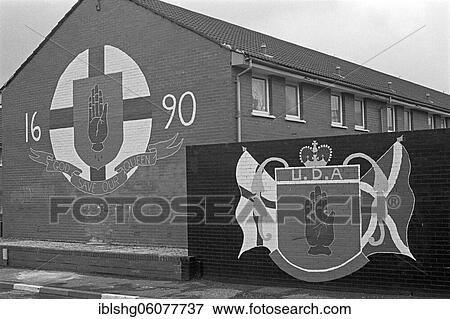 Stock Photo - Graffiti, protestant residential area around Shankill Road, historical photograph, April 1986, Belfast, Northern Ireland. Fotosearch