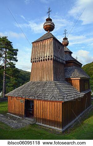 Stock Photo - Greek-Catholic wooden church of St. Nicholas, Bodruzal, Lower Beskydy, Slovakia, Europe. Fotosearch