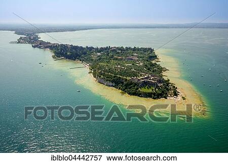 Stock Photo - Grottoes of Catullus, archaeological park, peninsula in turquoise waters, Sirmione, Lake Garda, Lombardy, Italy, Europe. Fotosearch