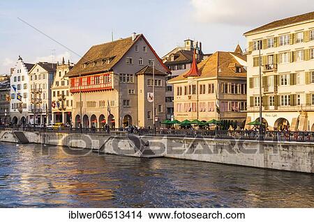 Picture - Guild houses on the Limmatquai, Haus zum Rüden, River Limmat, Old Town, Zurich, Canton of Zurich, Switzerland, Europe. Fotosearch