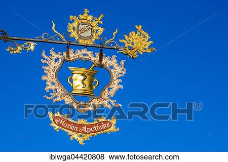 Stock Photo - Guild sign for Marien-Apotheke, pharmacy, Rothenburg ob der Tauber, Romantic Road, Middle Franconia, Franconia, Bavaria, Germany, Europe. Fotosearch