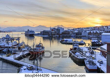 Stock Image - Harbor in winter, Tromso, Troms County, Norway, Europe. Fotosearch