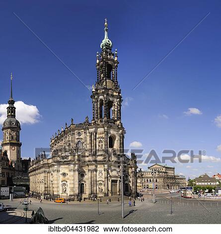 Stock Image - Hausmannsturm, tower, Dresden Cathedral, Semperoper, opera house, Dresden, Saxony, Germany, Europe. Fotosearch