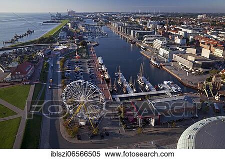 Stock Photography - Havenwelten with Ferris wheel, aerial view, Bremerhaven, federal state Bremen, Germany, Europe. Fotosearch