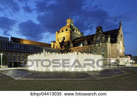 Stock Photography - Hexagonal Water Pavilion designed by Jeppe Hein, Opera House, State Theatre, Nuremberg, Middle Franconia, Franconia, Bavaria, Germany, Europe. Fotosearch