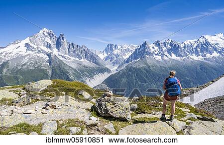 Hiker on hiking trail, Grand Balcon Sud, glacier, Mer de Glace, Aiguille Verte and Mont Blanc summits, Grandes Jorasses, Mont Blanc massif, Chamonix-Mont-Blanc, Haute-Savoie, France, Europe View Large Photo Image Stock Image - Hiker on hiking trail, Grand Balcon Sud, glacier, Mer de Glace, Aiguille Verte and Mont Blanc summits, Grandes Jorasses, Mont Blanc massif, Chamonix-Mont-Blanc, Haute-Savoie, France, Europe. Fotosearch