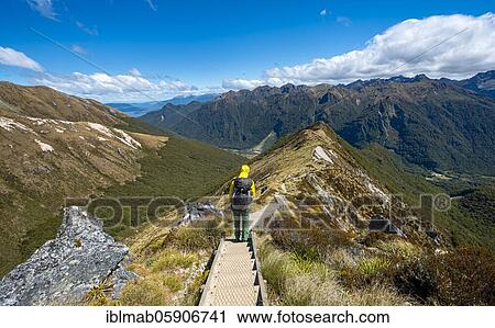 Stock Image - Hikers on hiking trail, views of Kepler Mountains, on the hiking trail Kepler Track, Great Walk, Fiordland National Park, Southland, New Zealand, Oceania. Fotosearch