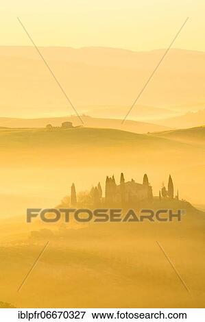 Hilly landscape with cornfields and cypresses, manor house, group of cypresses, traditional Tuscany stone house, fog, morning atmosphere, in spring, Tuscany, Italy, Europe View Large Photo Image Stock Photo - Hilly landscape with cornfields and cypresses, manor house, group of cypresses, traditional Tuscany stone house, fog, morning atmosphere, in spring, Tuscany, Italy, Europe. Fotosearch