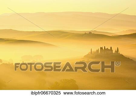 Hilly landscape with cornfields and cypresses, manor house, group of cypresses, traditional Tuscany stone house, fog, morning atmosphere, in spring, Tuscany, Italy, Europe View Large Photo Image Stock Photography - Hilly landscape with cornfields and cypresses, manor house, group of cypresses, traditional Tuscany stone house, fog, morning atmosphere, in spring, Tuscany, Italy, Europe. Fotosearch