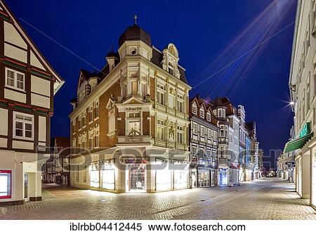 Stock Photography - Historic commercial buildings in Bäckerstraße, Hameln, Lower Saxony, Germany, Europe. Fotosearch