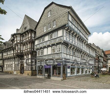 Stock Image - Historic half-timbered houses along the market street, UNESCO World Heritage Site, Goslar, Lower Saxony, Germany, Europe. Fotosearch