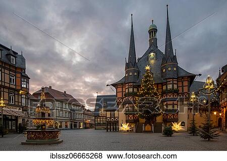 Historic town hall, Christmas tree, neo-Gothic benefactor fountain, Wernigerode, Saxony-Anhalt, Germany, Europe View Large Photo Image Stock Photo - Historic town hall, Christmas tree, neo-Gothic benefactor fountain, Wernigerode, Saxony-Anhalt, Germany, Europe. Fotosearch