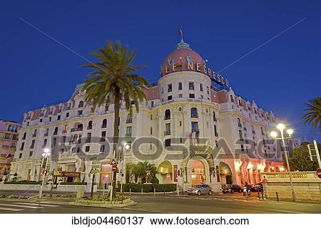 Hotel Le Negresco with palm tree, Promenade des Anglais, blue hour, Nice, Provence-Alpes-Côte d'Azur, France, Europe View Large Photo Image Stock Photo - Hotel Le Negresco with palm tree, Promenade des Anglais, blue hour, Nice, Provence-Alpes-Côte d'Azur, France, Europe. Fotosearch