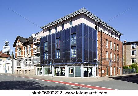Stock Image - House of Solidarity with solar facade, Bielefeld, East Westphalia, North Rhine-Westphalia, Germany, Europe. Fotosearch