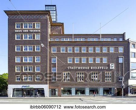 Stock Image - House of Technology from 1929, transformer station, administration centre and customer centre of the municipal utilities Bielefeld, New Objectivity, Brick Expressionism, Bielefeld, East Westphalia, North Rhine-Westphalia, Germany, Europe. Fotosearch