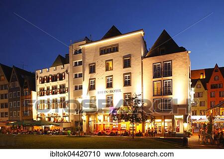 Houses along Rhine river bank, Rhein Hotel and Delfter Haus, pub, dusk, Cologne, North Rhine-Westphalia, Germany, Europe View Large Photo Image Stock Image - Houses along Rhine river bank, Rhein Hotel and Delfter Haus, pub, dusk, Cologne, North Rhine-Westphalia, Germany, Europe. Fotosearch
