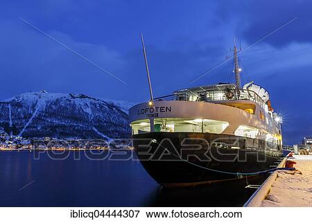 Hurtigruten MS Lofoten docked at harbor, winter, dawn, Tromso, Troms Province, Norway, Europe View Large Photo Image Stock Photo - Hurtigruten MS Lofoten docked at harbor, winter, dawn, Tromso, Troms Province, Norway, Europe. Fotosearch