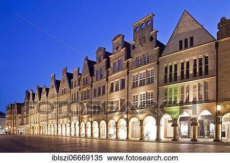 Illuminated arcade, Prinzipalmarkt in the evening, city of Münster, Münsterland, North Rhine-Westphalia, Germany, Europe View Large Photo Image Stock Photography - Illuminated arcade, Prinzipalmarkt in the evening, city of Münster, Münsterland, North Rhine-Westphalia, Germany, Europe. Fotosearch