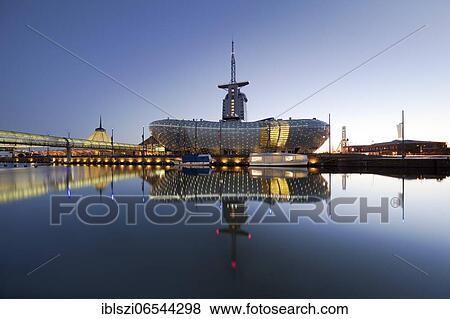 Illuminated Klimahaus Bremerhaven in the evening, Havenwelten, Bremerhaven, Federal State of Bremen, Germany, Europe View Large Photo Image Stock Photo - Illuminated Klimahaus Bremerhaven in the evening, Havenwelten, Bremerhaven, Federal State of Bremen, Germany, Europe. Fotosearch
