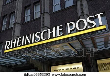 Stock Image - Illuminated logo of the daily newspaper Rheinische Post on the former editorial building Martin-Luther-Platz, Düsseldorf, North Rhine-Westphalia, Germany, Europe. Fotosearch