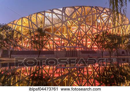 Illuminated National Stadium in the Olympic Park, dusk, Beijing, China, Asia View Large Photo Image Stock Image - Illuminated National Stadium in the Olympic Park, dusk, Beijing, China, Asia. Fotosearch