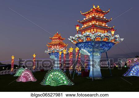 Stock Image - Illuminated pagoda figure, Chinese lights event, Montreal, Province of Quebec, Canada, North America. Fotosearch