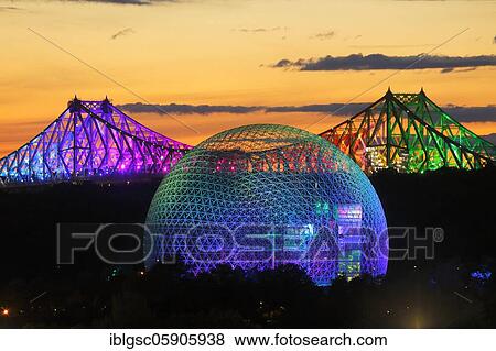 Iluminated Environmental Museum biosphere and bridge, Montreal, Quebec Province, Canada, North America View Large Photo Image Stock Photo - Iluminated Environmental Museum biosphere and bridge, Montreal, Quebec Province, Canada, North America. Fotosearch