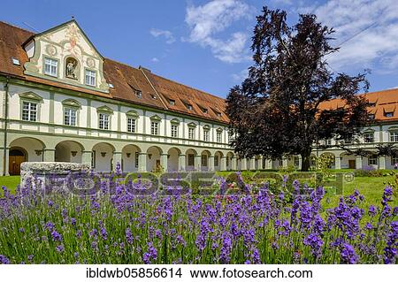Picture - Inner courtyard, arcade courtyard, Benediktbeuern Monastery, Benediktbeuern, Tölzer Land, Alpine foothills, Upper Bavaria, Bavaria, Germany, Europe. Fotosearch