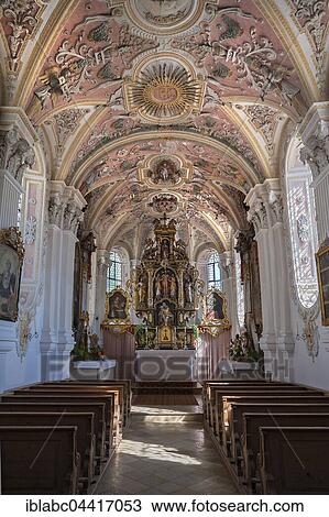 Stock Image - Interior and chancel of Chapel of the Holy Blood in Fischbachau, Upper Bavaria, Bavaria, Germany, Europe. Fotosearch