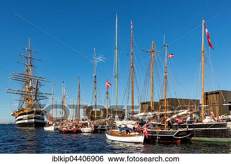 Stock Photograph - Italian marine training ship Amerigo Vespucci and sailing boats in harbor, Copenhagen, Denmark, Europe. Fotosearch