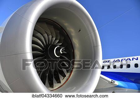 Stock Image - Jet engine, Boeing, B787, All Nippon Airlines, Munich, Bavaria, Upper Bavaria Airport, Germany, Europe. Fotosearch