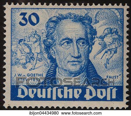 Stock Image - Johann Wolfgang von Goethe, German writer and statesman, portrait on 1949 German stamp. Fotosearch