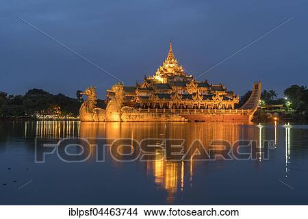 Karaweik Palace on Kandawgyi Lake, Yangon, Myanmar, Asia View Large Photo Image Picture - Karaweik Palace on Kandawgyi Lake, Yangon, Myanmar, Asia. Fotosearch