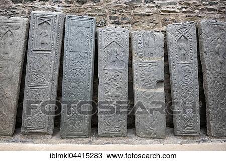 Stock Image - Kilmartin Stones, old grave stones at the parish church, Kilmartin, Argyll and Bute, Scotland, United Kingdom, Europe. Fotosearch