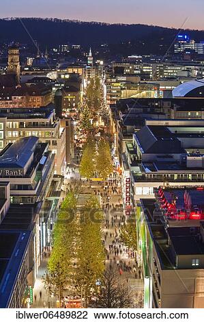 Stock Image - Königstraße at Christmas time, shops, shopping street, Christmas tree, city center, city view, Stuttgart, Baden-Württemberg, Germany, Europe. Fotosearch