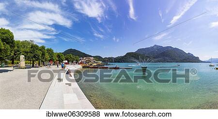 Stock Photo - Lake promenade with view to the Schafberg, Wolfgangsee, Sankt Gilgen, Salzkammergut, Province of Salzburg, Austria, Europe. Fotosearch