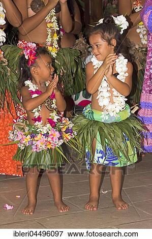 Stock Photo - Little girls decorated with flowers, Polynesian dancer, Raiatea, French Polynesia, South Pacific, Oceania. Fotosearch