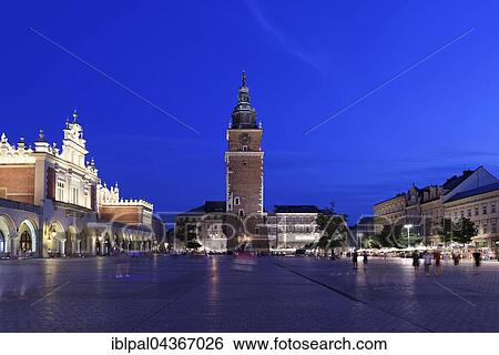 Market Square, Cloth Hall, Town Hall Tower, Night Scene, historic centre, Kraków, Poland, Europe View Large Photo Image Stock Photograph - Market Square, Cloth Hall, Town Hall Tower, Night Scene, historic centre, Kraków, Poland, Europe. Fotosearch