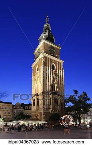 Market Square, Town Hall Tower, Night Scene, historic centre, Kraków, Poland, Europe View Large Photo Image Stock Photo - Market Square, Town Hall Tower, Night Scene, historic centre, Kraków, Poland, Europe. Fotosearch