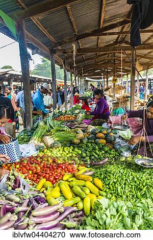 Stock Image - Market stalls with fresh vegetables, Nampan, Inle Lake, Shan State, Myanmar, Asia. Fotosearch