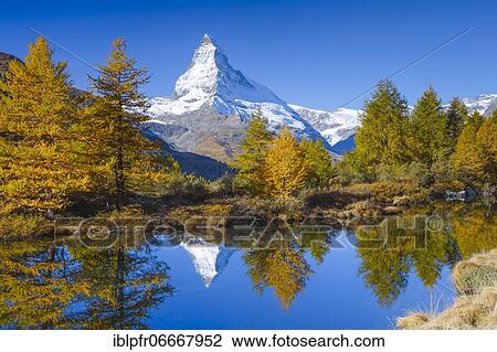 Stock Image - Matterhorn and Lake Grindji, Valais, Switzerland, Europe. Fotosearch